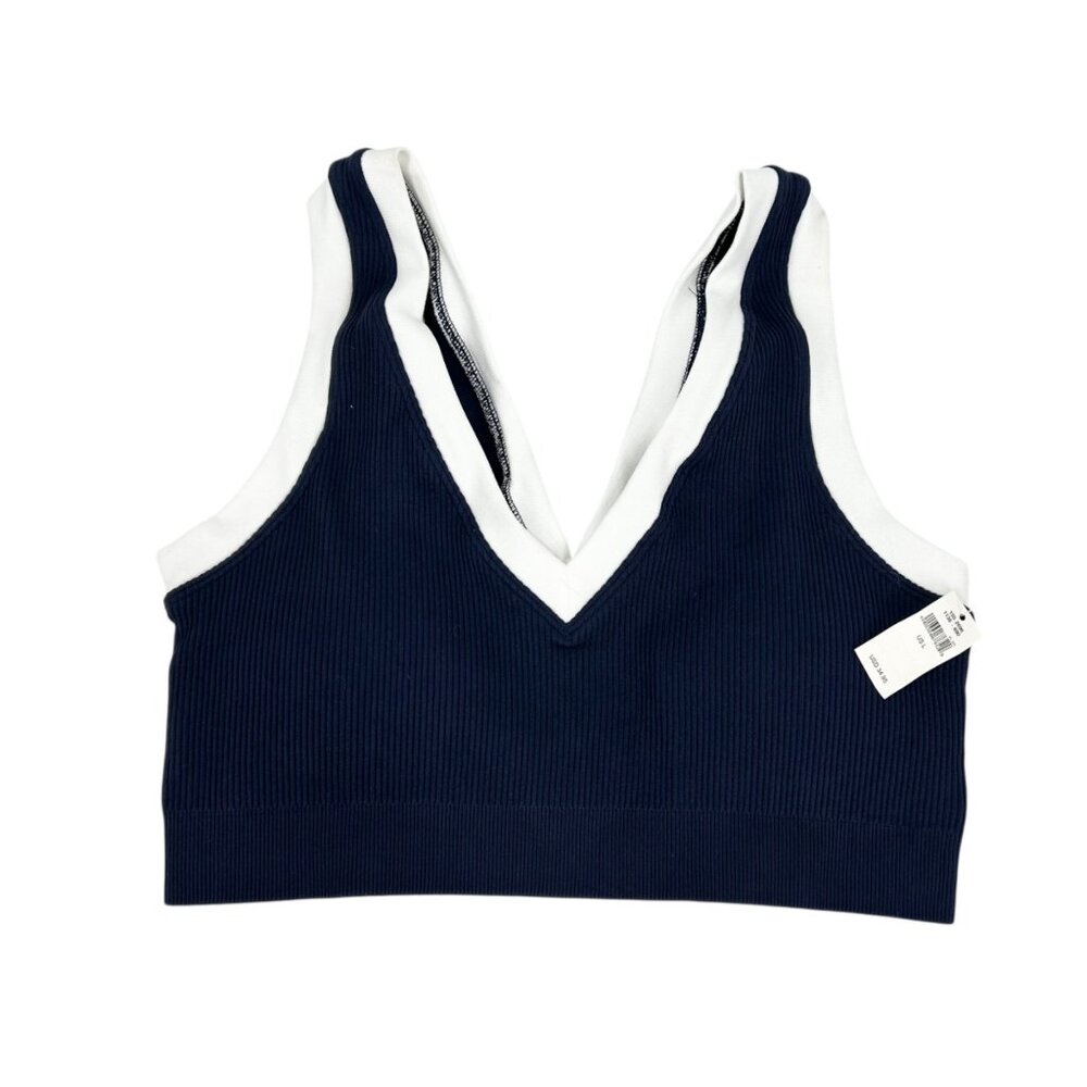 NWT Aerie Ribbed Plunge V-Neck Blue/White Contrast Sports Bra